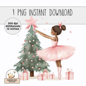 Diseño de sublimación de bailarina de niña negra en color rosa para Navidad / PNG Descarga instantánea Licencia comercial Clip Art / Decoración de saco navideño