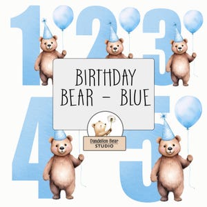 Conjunto de design de sublimação de urso de aniversário com balão azul | Download de clipart de urso para festa | Licença comercial | Topo de bolo com placa para a primeira e segunda festa