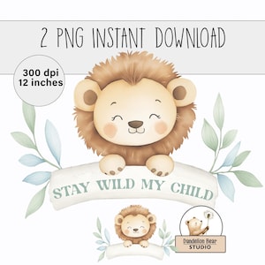 Aquarell Löwe Safari Tier Sublimationsdesign | Niedliches Kinderzimmer Name Clip Art | Kommerzielle Lizenz | Bleib Wild mein Kind | Afrikanisches Tier