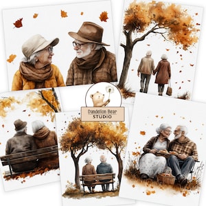 Senior koppel herfst aquarel clipart | Ouderen liefde herfst aquarel kunst aan de muur | Commercieel gebruik 4 png 6 jpg digitale afdruk direct downloaden