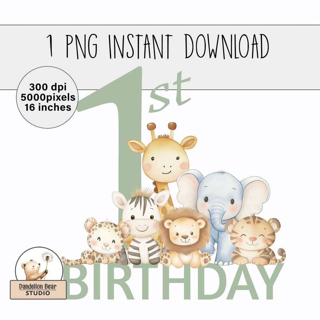 Jungle Safari 1st Birthday Clipart | Watercolor Animals (PNG Digital ...