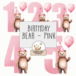 Conjunto de design de sublimação de urso de aniversário com balão rosa | Download de clipart de urso para festa | Licença comercial | Topo de bolo com placa para a primeira e segunda festa