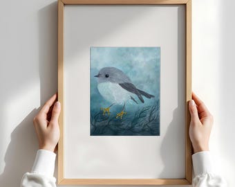 May include: A framed art print featuring a small, round, gray and white bird with yellow feet perched on dark, tangled branches against a soft, light blue, cloudy background. The artwork is enclosed in a simple, light-toned wooden frame.
