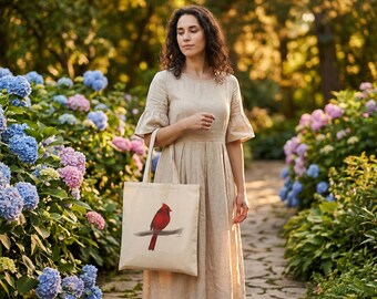 Bolso de mano personalizado con diseño de cardenal, bolsa de compras reutilizable de lona de algodón en color natural o negro.