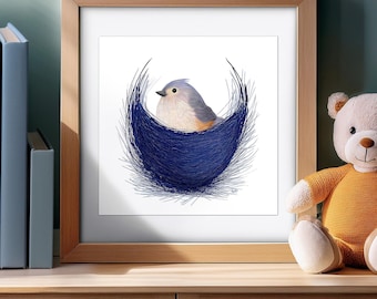 Tufted Titmouse Nest Print, Whimsical Bird Nursery Art, Archival Giclée Paper