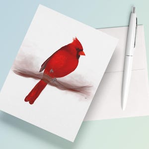 Tarjeta de felicitación en blanco con diseño de pájaro cardenal rojo, nota de stock premium para el día de la madre, nota de agradecimiento para maestros y enfermeras.