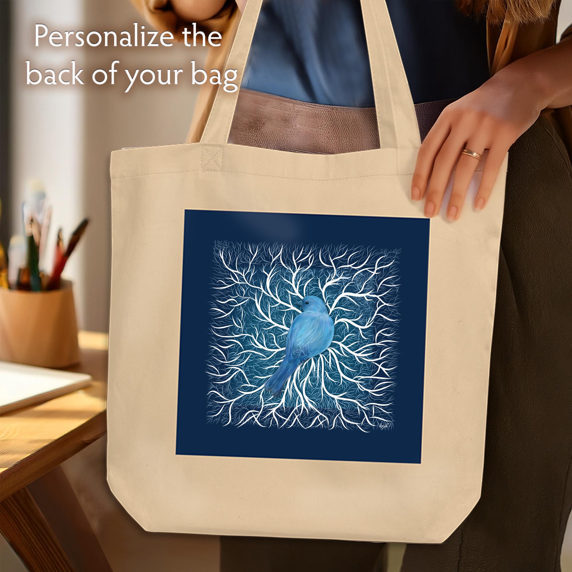 Personalized bird lover tote bag with blue bird design eco friendly canvas gift for birder mom nature lover or cottagecore style fan