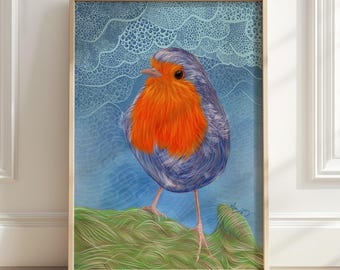 European Robin Bird Art Print, Graphic Illustrative Wall Decor Songbird Art, Bird Lover Gift, Decorative Bird Print