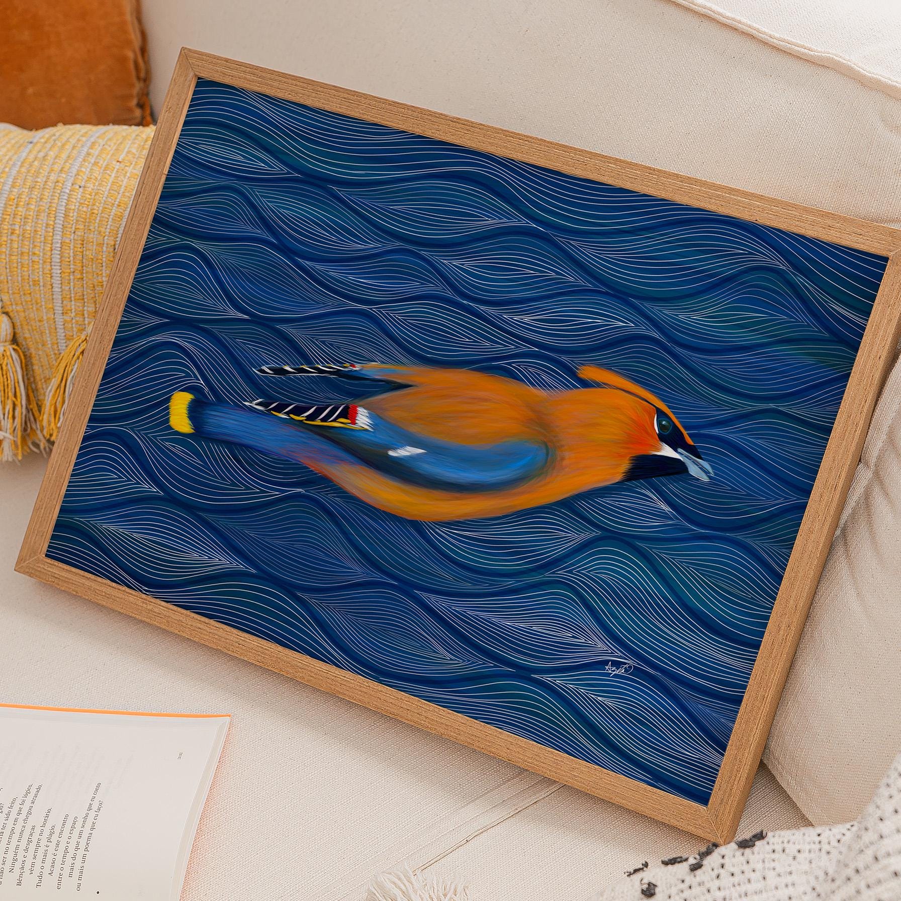 Bird Wall Art Display Modern Home Decor Nature Design Boho Style Geometric Print Contemporary Home Gallery Wall Abstract Art Orange Blue