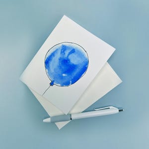 Tarjeta de cumpleaños de acuarela con sobre, diseño de globo azul, nota de agradecimiento con globo, saludo, impresión, carta de amor, regalo de cumpleaños