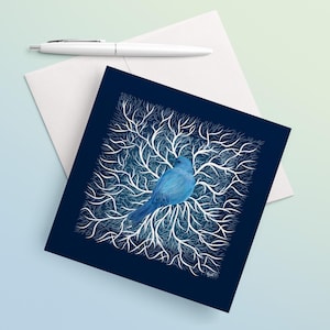 Papelaria para amantes de pássaros, pássaro azul, cartão de felicitações, design de galho, nota de simpatia, cartão de agradecimento azul com envelope, cartão de aniversário para observadores de pássaros, sazonal
