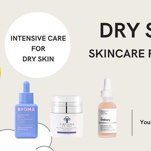 Puede incluir: Imagen que muestra una rutina de cuidado de la piel para pieles secas. La imagen presenta varios productos para el cuidado de la piel, incluyendo un tubo amarillo de crema Ceramidin de Dr. Jart+, un sérum azul BYOMA, una crema Circadia y un frasco de sérum The Ordinary. El texto dice "Piel seca. Rutina de cuidado de la piel."