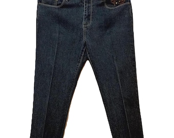 Pantalones rectos elásticos de mezclilla con volantes para mujer con diseño de tachuelas y apliques