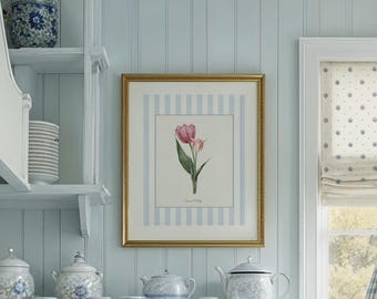 Tulip Watercolor Print Striped Background Vintage Floral Artwork Gift for Garden Lovers English Garden Wall Art Modern Flower Print Tulips