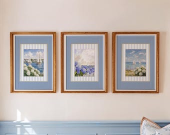 Coastal Watercolor Set of 3 Nantucket Print Cape Cod Illustration Hydrangea Artwork Striped East Coast Prints with Blue Border