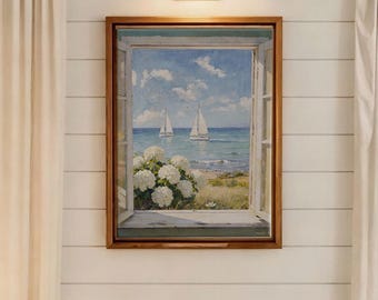 Nantucket Coastal Print Cottage Window Sea View Painting Sailboat  Hydrangeas Watercolor Coastal Cottage Illustration Nantucket Artwork