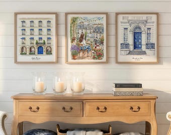 Set of 3 Paris Prints Parisian Wall Art with Haussmann Architecture  Balcony Scene Saint Germain Illustration Ink Line Drawing Whimsical Art