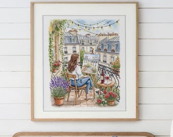 Paris Print Balcony Painting Whimsical Paris Art with Fairy Lights Haussmann Architecture Parisian Artwork Balcony Romantic Illustration