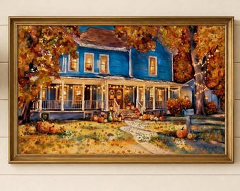 Autumn New England House Watercolor Print Lorelai and Rory House Cozy Fall Wall Art Cottage Decor Golden Leaves Artwork Coffee Lover Gift