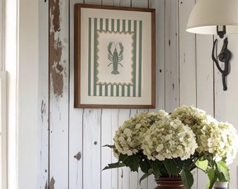 Lobster Print Coastal Watercolor Illustration Nantucket Artwork Striped Wall Art Lobster Coastal Print in Sage Green