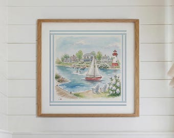 New England Art Print Coastal Watercolor Wall Decor Lighthouse Art Sailboat Beach House Artwork Coastal Cottage Wall Art Cape Cod Watercolor