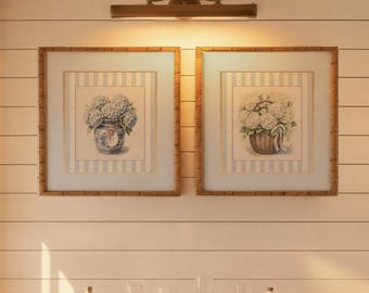Set of 2 Coastal Hydrangea Watercolor Prints Nantucket Basket Blue Ginger Jar Illustrations with Blue Border Cape Cod Inspired Wall Art