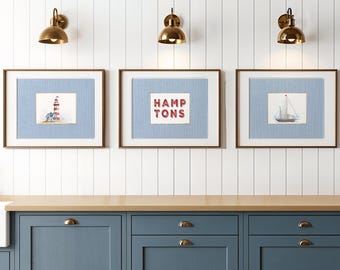 Coastal Print Set of 3 Sailboat Illustration Lighthouse Artwork Nantucket Summer Wall Art Coastal Art Seaside Illustration Hamptons Art
