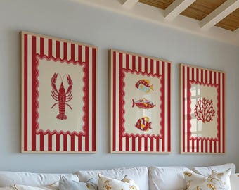 Lobster Wall Art Aesthetic Gallery Print Set of 3 Kitchen Art Coastal Wall Art Beach House Print Kids Room Coastal Decor Trendy Sardines Art