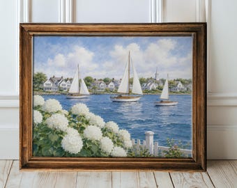 Cape Cod Print Sailboat Watercolor Artwork Hydrangea Illustration Cottage Wall Decor Beach Themed Gift Preppy Coastal Cottage Decor