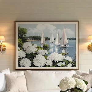 Nantucket Harbor Sailboat Art White Hydrangea Coastal Wall Art Nantucket Harbor Artwork Cape Cod Illustration Coastal Wall Art