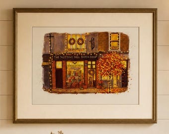 Notting Hill Bookshop, Autumn London Store Watercolor Print, Cozy Fall Wall Art, Cottage Decor, Book Lover Gift, Autumn Home Decor