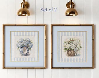 Hydrangea Watercolor Print Set of 2 Print Blue and White Ginger Jar Illustration with light blue mount Nantucket Illustration Cape Cod Art