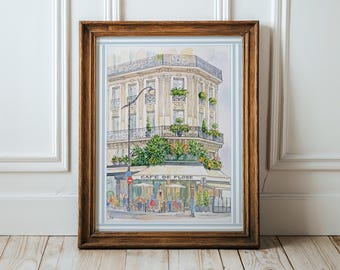 Paris Illustration Cafe de Flore Print French Line Drawing Paris Streets Watercolor Artwork Paris Wall Art Haussmann Beautiful Doorway Print