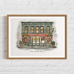 Illustrazione ad acquerello di The Shop Around The Corner, You've got Mail Art, disegno della libreria di New York Kathleen Kelly, NYC Art