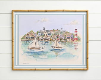 New England Coastal Print Village Wall Art Beach House Decor Coastal Living Cottage Art Lighthouse Sailboat Illustration Nantucket Artwork
