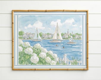 New England Watercolor Print Coastal Wall Art New England Beach House Decor Nautical Harbor Artwork Cape Cod Coastal Wall Art Nancy Meyers