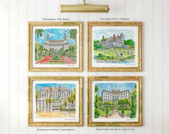 Coastal Hotel Watercolor Print Set | Castle Hill Inn, The Breakers, Cap Ferrat & Shutters on the Beach | Coastal Wall Art Collection