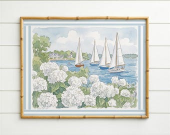 Nantucket Harbor Sailboat Watercolor Art White Hydrangea Coastal Wall Art Nantucket Harbor Artwork Beach House Decor Coastal Wall Art