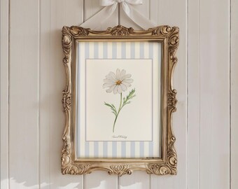 Daisy Watercolor Print Striped Background Vintage Floral Artwork Gift for Garden Lovers English Garden Wall Art Modern Flower Print Daisy
