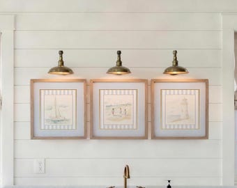 Coastal Print Watercolor Beach Wall Art Set of 3 Lighthouse, Sailboat Prints Blue and White Artwork New England Illustrations