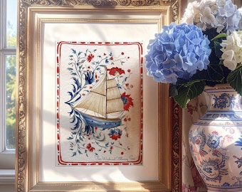 Sailboat Art Print Kitchen Wall Decor Grandmillenial Whimsical Sailboat Drawing Cottagecore Art Coastal Decor Beach Art Nancy Meyers Decor