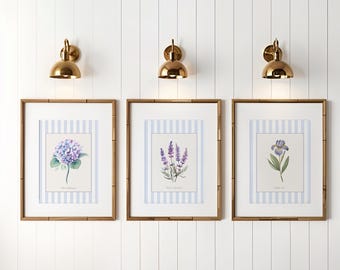 Provence Botanical Print Set of 3 Lavender Purple Iris Blue French Hydrangea Watercolors Vintage Floral Wall Art French Country Decor