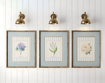 Curated Set of 3 Watercolor Flower Cottage Garden Prints Farmhouse Wall Decor Striped Botanical Illustration  Nancy Meyers Style Artwork