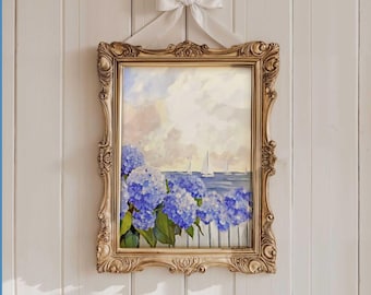 New England Küstengarten Druck, Blaue Hortensie Wandkunst