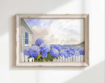 Nantucket Print Cottage Garten Kunstwerk Blaue Hortensie Küstenwandkunst Nantucket Hafenwandkunst New England Print Strandhaus