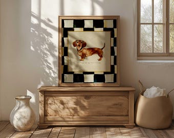 Brown Dachshund Print, Black and White Check Wall Art, Sausage Dog Illustration, Dachshund Artwork