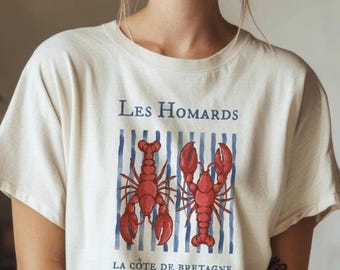 Camiseta con gráfico de langosta, estilo costero, unisex, de verano, retro náutica, para amantes de la playa, estética de pescador, sardinas