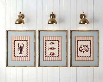 Set of 3 Coastal Prints Gallery Artwork Lobster Sardines Coral Illustration Wall Art Beach House Coastal Grandma Decor