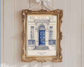 Ilustración de París, dibujo lineal francés, calles de París, obra de acuarela, arte mural de París, impresión de una hermosa puerta de Haussmann