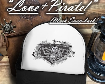 Love Pirate Mesh Cap, Trucker Hat, Buccaneer Skull Crossbones Baseball Cap, Nautical Sailor Costume Accessory, Jolly Roger Headwear, Rum Bum